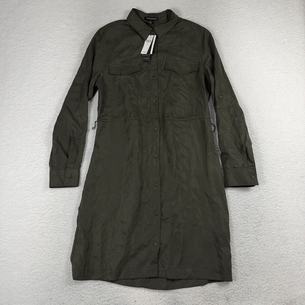 Banana Republic Shirt Dress 10 Olive Green Button Front Pocket Long Sleeve NWT
